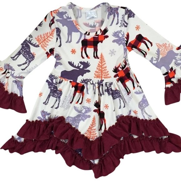 Little Girls Toddler Infant Long Sleeve Multi Reindeers Christmas Girls Dress - Picture 4 of 4